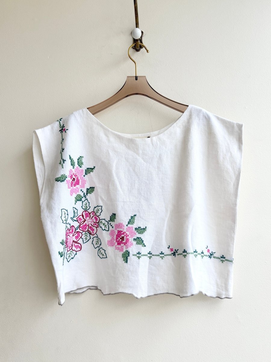 Cross Stitched Roses Linen Box Top - Made X Hudson