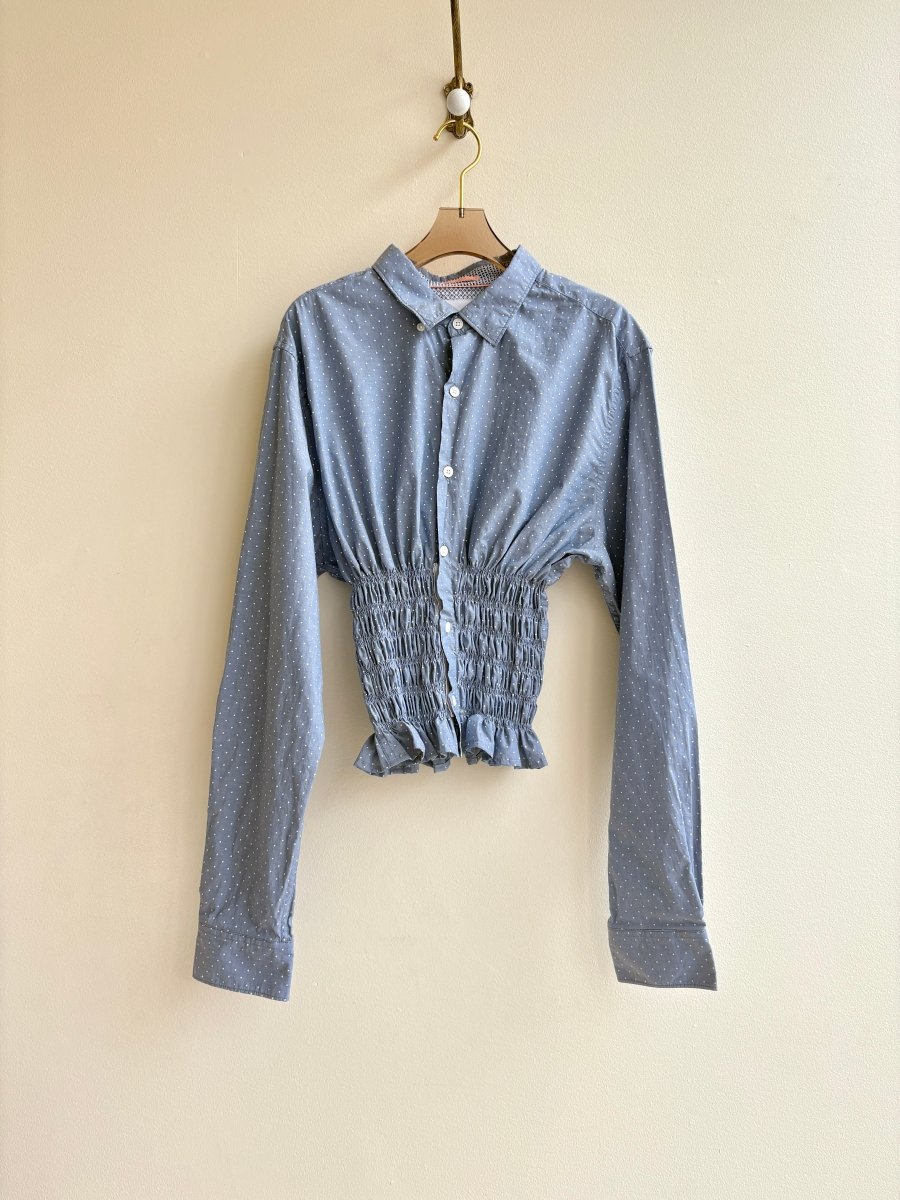 The George Top | Dove Grey Polka Dot Print Button Down Top w/ Smocked Waist (Reworked) - Made X Hudson