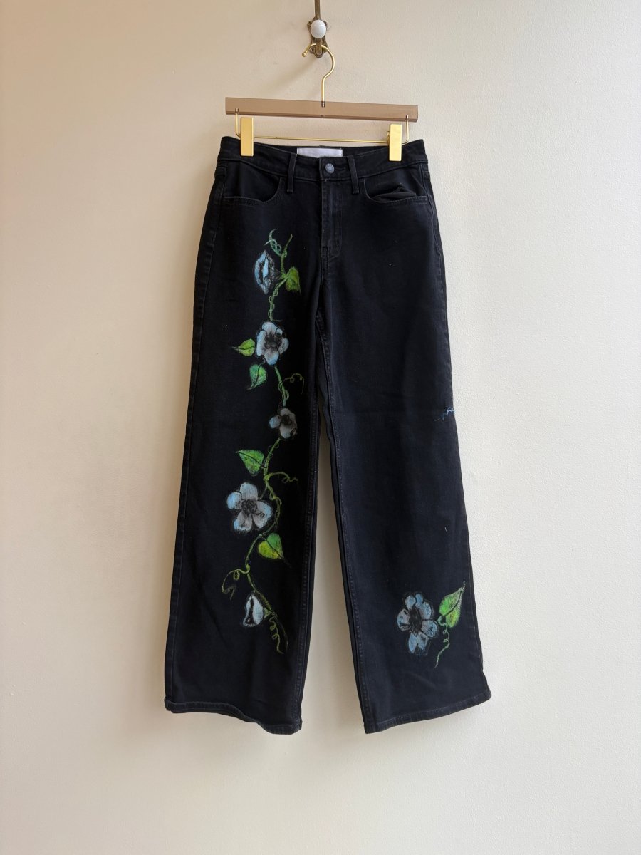 "Eden" Black Denim with Morning Glories | Hand Painted (Reworked) - Made X Hudson