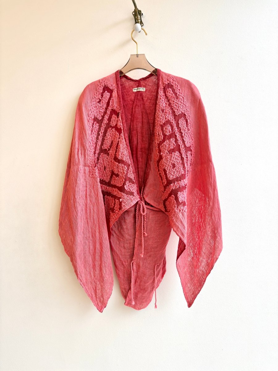 2D Vestment Hand Embroidered Batwing w/ Ties | Salmon and Crimson Linen - Made X Hudson