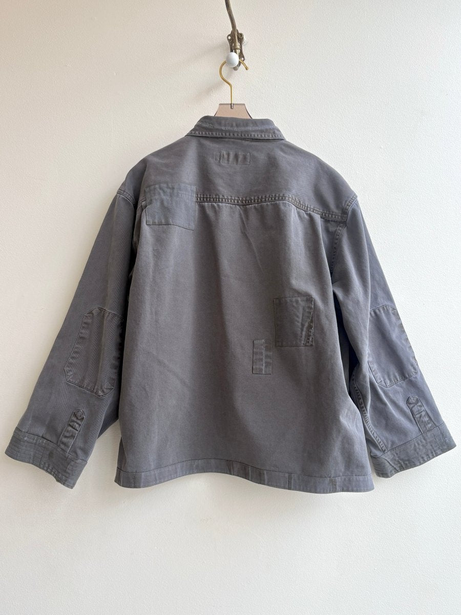 Grey Denim Shirtjacket w/ Visible Mended Patches and Low Pockets (Reworked) - Made X Hudson