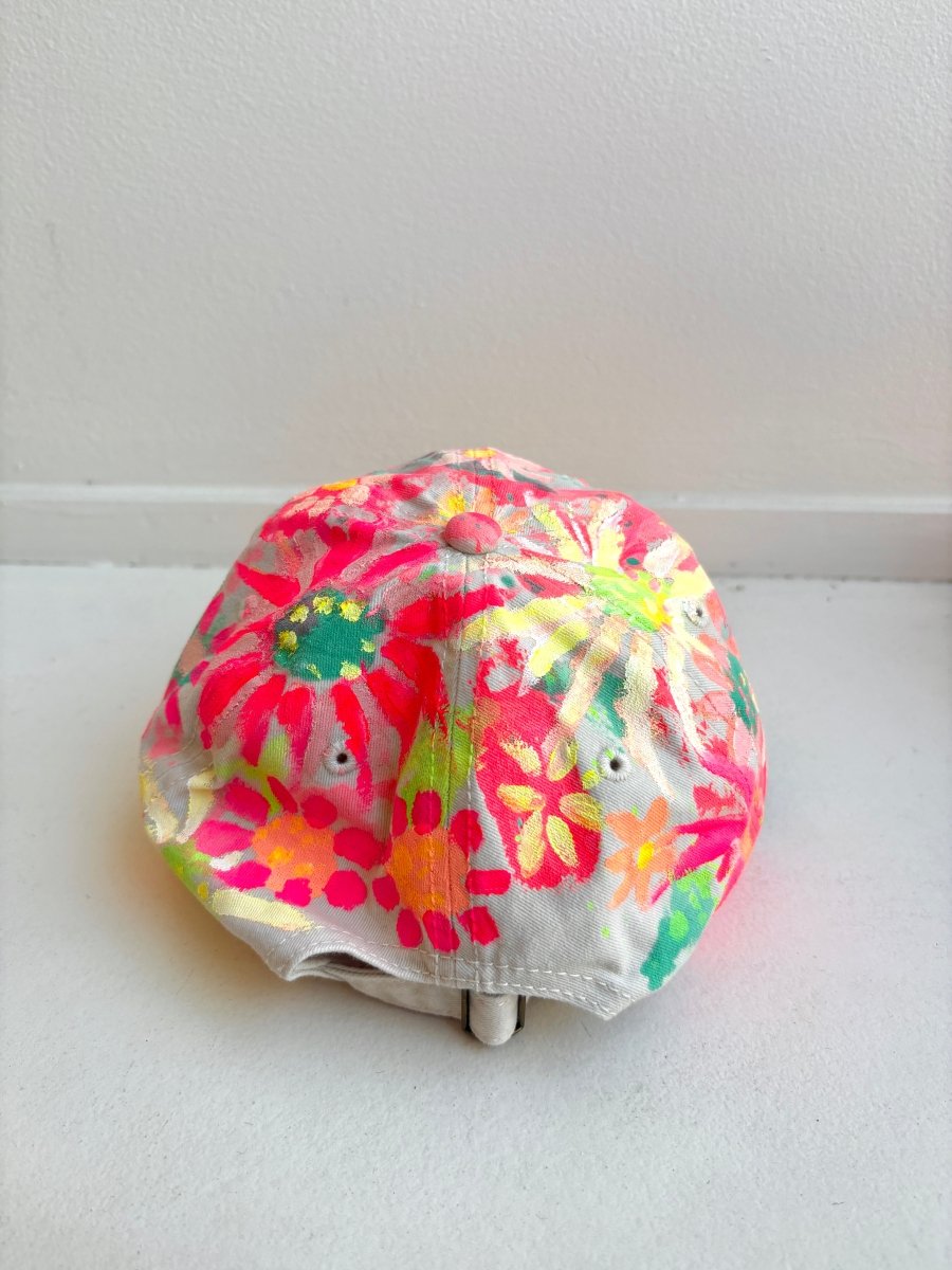 Natural and Pink Hand Painted Neon Multi Color Flowers Baseball Cap - Made X Hudson