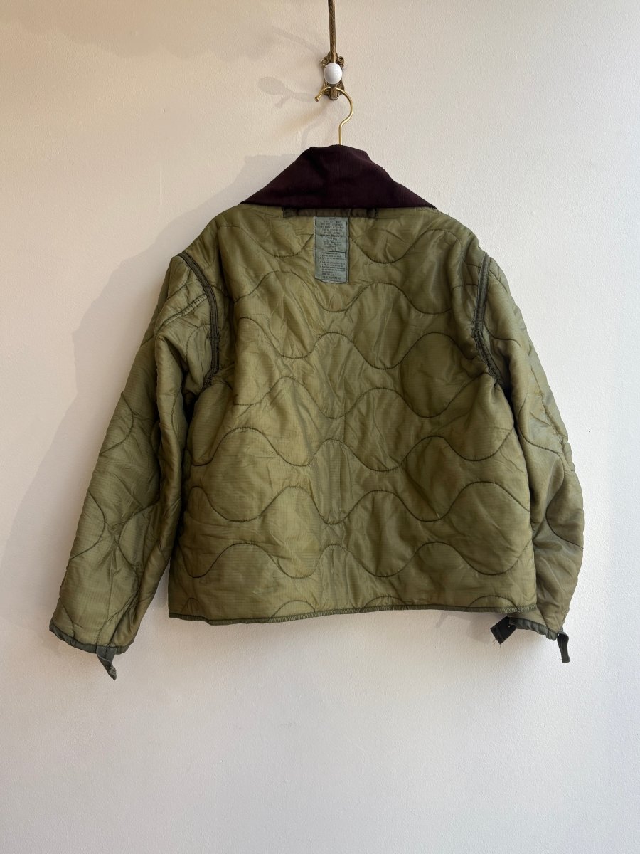 Olive Green Army Liner Quilted Coat w/ Brown Corduroy Collar (Reworked) - Made X Hudson