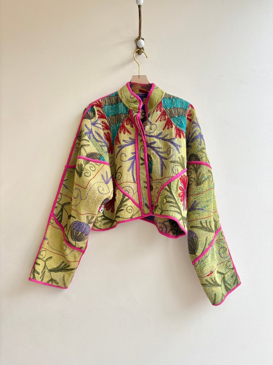 Reversible Kaira Suzani Quilted Cropped Jacket in Colors Lime, Red, Purple, Teal & Lime, Teal, Purple, Red, Green - Made X Hudson