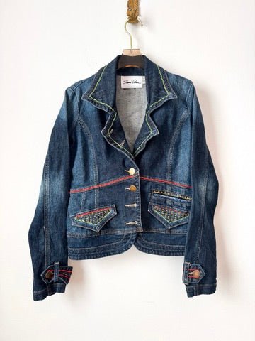 Cherry, Gold and Mint Embroidered Denim Blazer (Reworked) - Made X Hudson