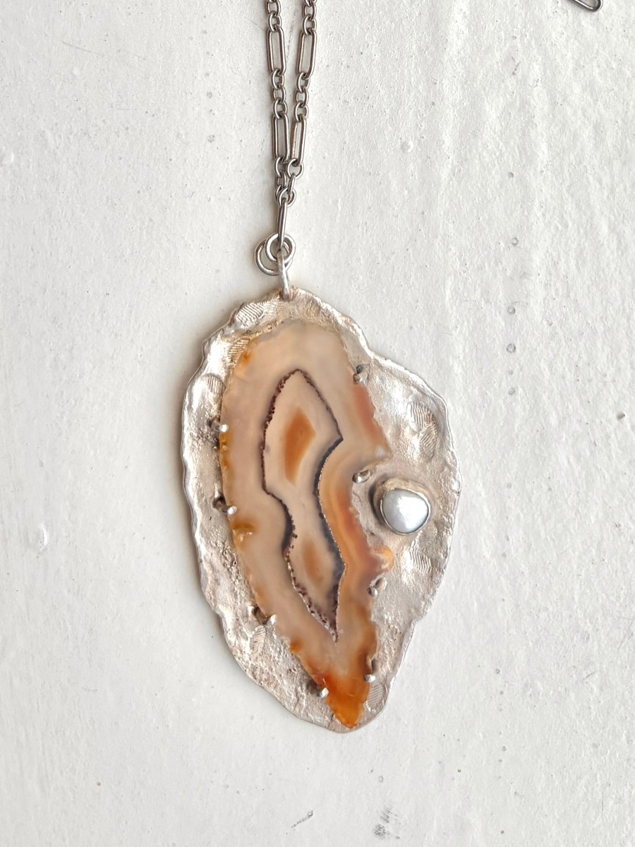 Agate & Fresh Water Pearl Stone Set Sterling Silver Pendant Necklace - Made X Hudson