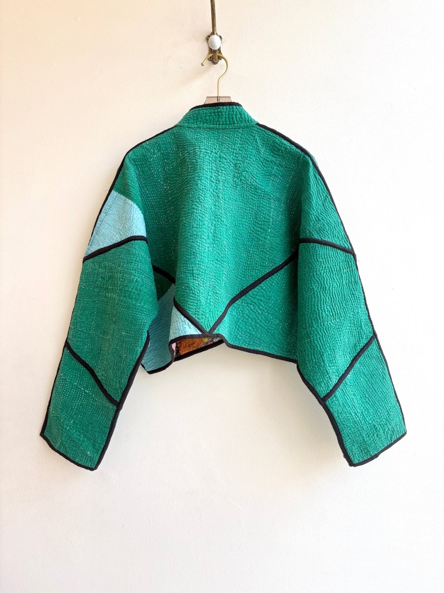 Reversible Kaira Quilted Cropped Jacket in Colors Teal, Jade, Ice Blue & Multi Colored Patchwork - Made X Hudson