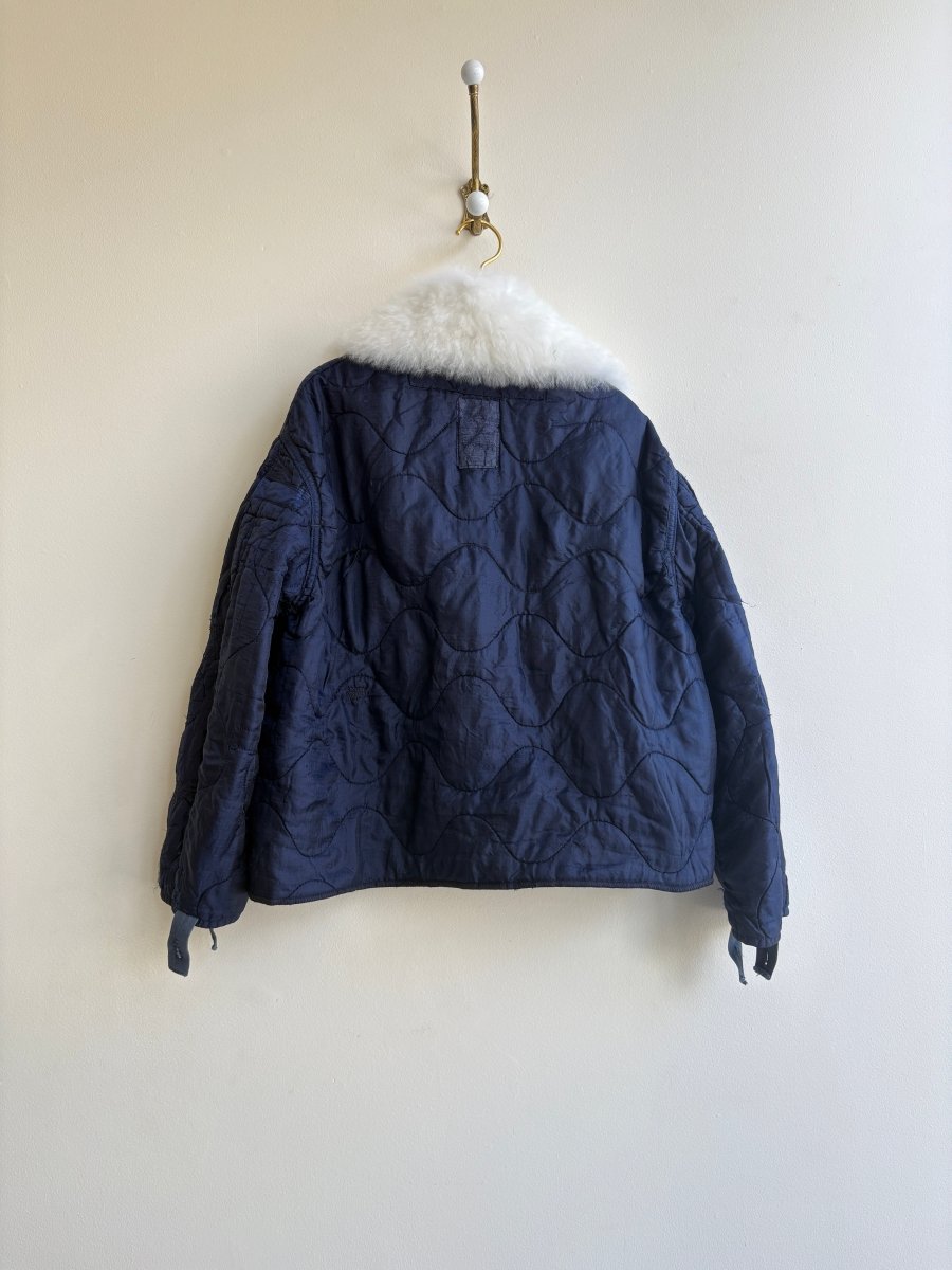 Navy Army Liner Quilted Coat w/ White Alpaca Fur Collar & Twill Tape Ties (Reworked) - Made X Hudson