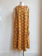 Maroon & Black Floral Stripe Golden Yellow Chore Dress w/ Patch Pockets - Made X Hudson