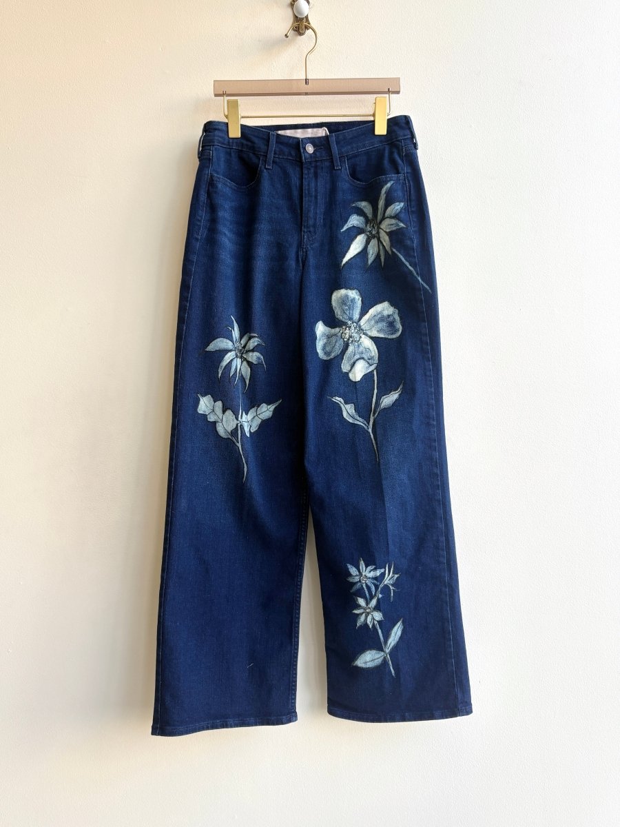 Dark Denim Flower Garden Hand Drawn & Painted Pants (Reworked) - Made X Hudson