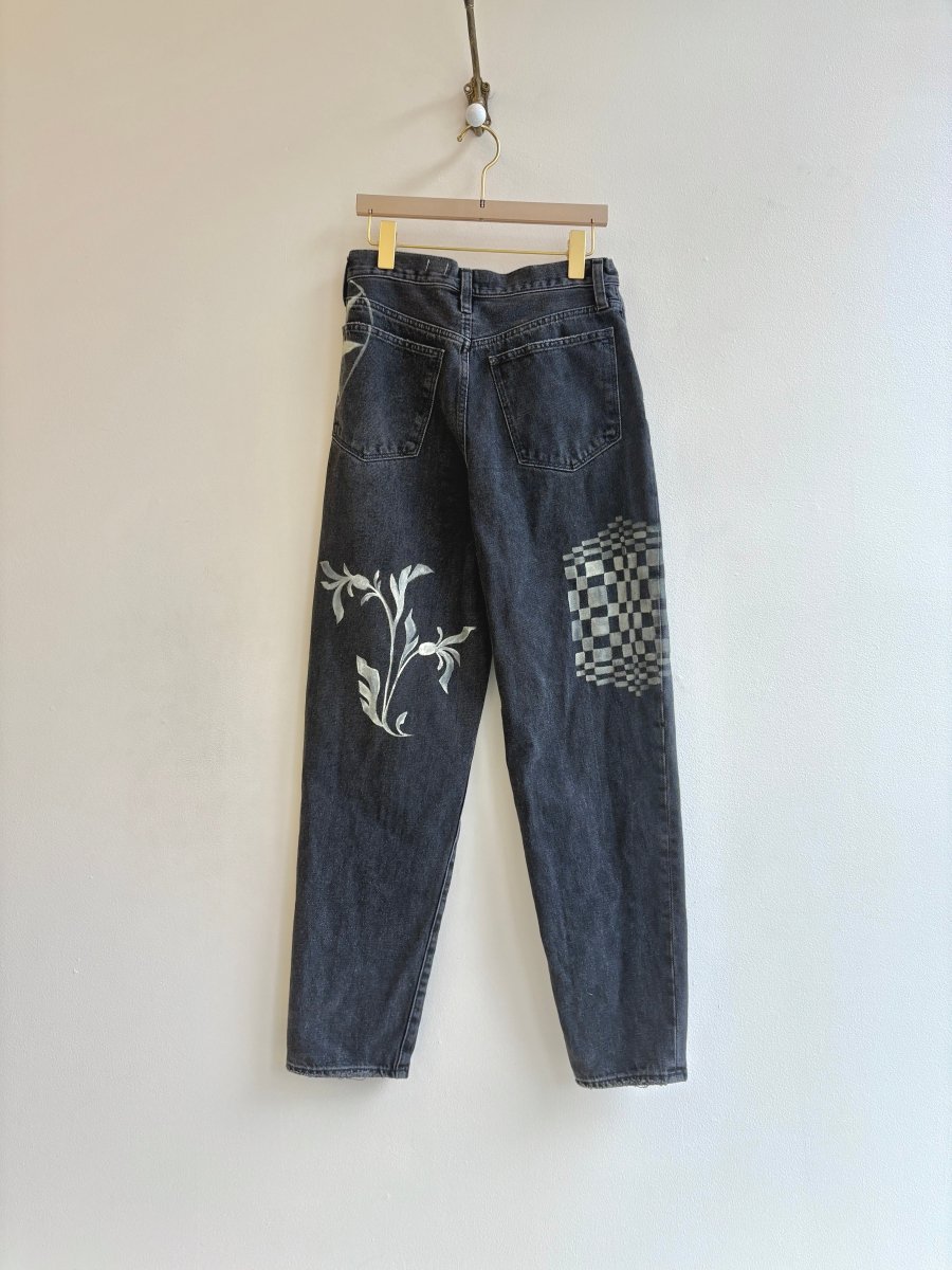 Quilt and Folk Motif Black Jeans | Hand Painted (Reworked) - Made X Hudson