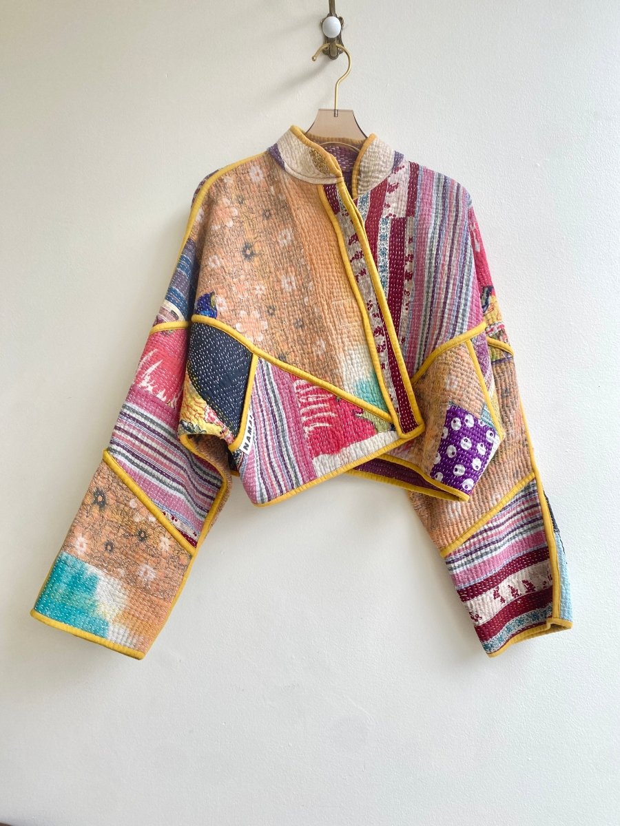 Reversible Kaira Quilted Cropped Jacket in Colors Peach, Pink Patchwork & Purple w/ Mustard Piping - Made X Hudson