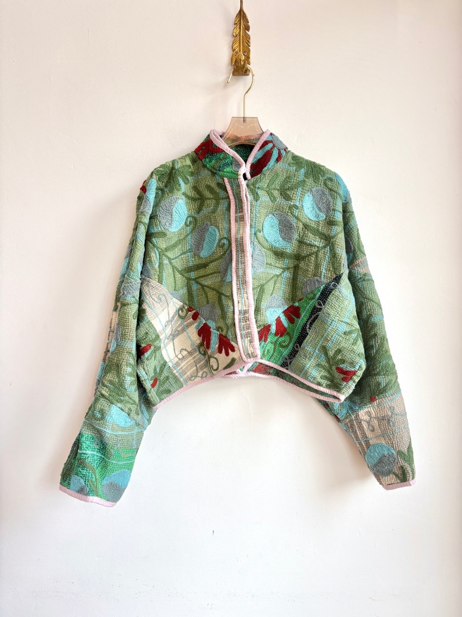 Reversible Suzani Quilted Cropped Jacket in Colors Emerald, Forest, Rust, Light Mauve & Olive, Rust, Beige, Light Blue - Made X Hudson