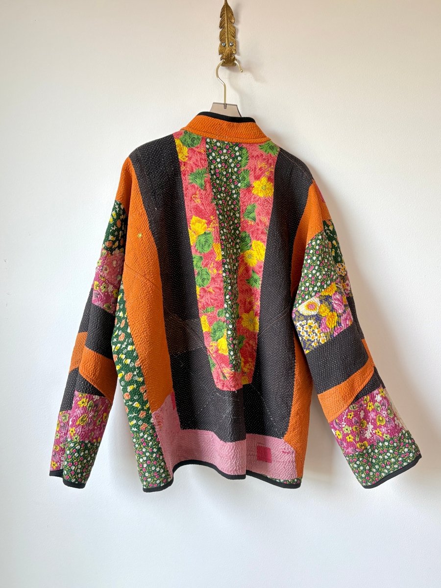 Reversible Ladhiya Quilted Jacket w/ Navy Blue, Orange & Floral Stripes & Turquoise w/ Pastel Plaid - Made X Hudson