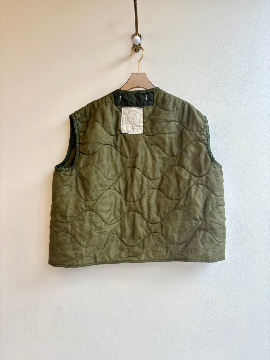 Dark Olive Green Army Liner Quilted Vest w/ Offset Pink Zipper & Pockets (Reworked) - Made X Hudson