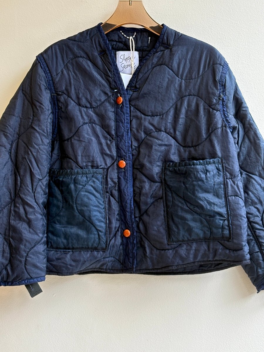 Navy Army Liner Quilted Coat w/ Faux Leather Buttons & Patch Pockets (Reworked) - Made X Hudson
