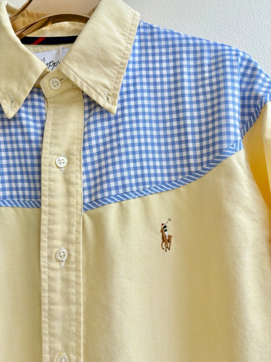 Austin Top | White & Yellow Pinstripe Button Down Top w/ Blue Check Shoulder Accent (Reworked) - Made X Hudson