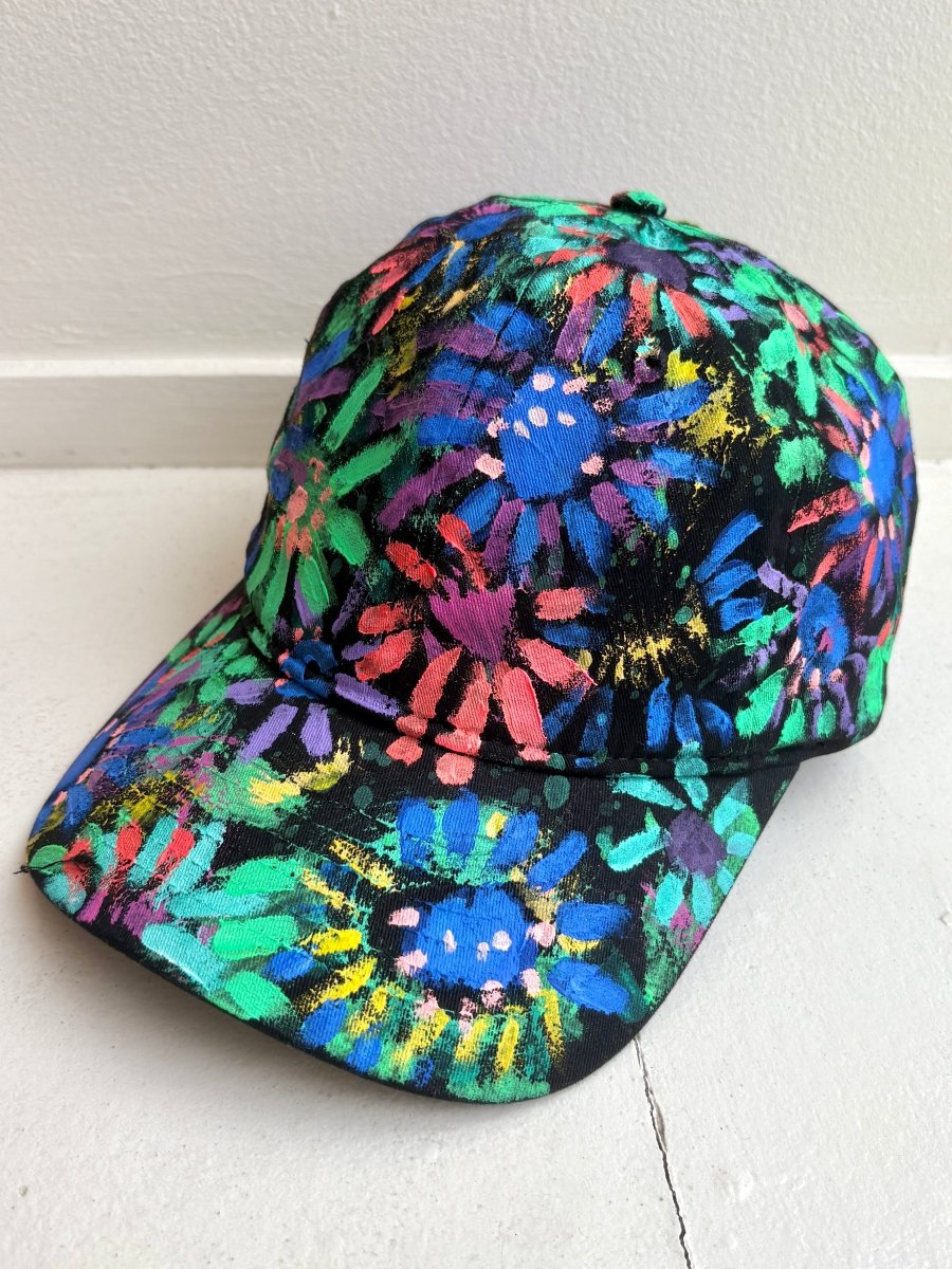 "Skye" Black Baseball Cap w/ Blue Neon Flowers | Hand Painted - Made X Hudson