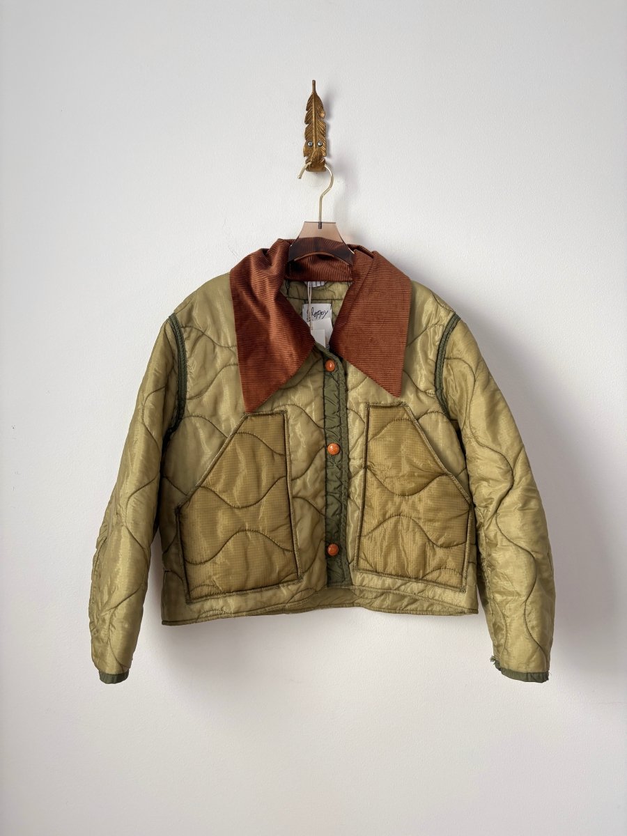 Light Olive Green Army Liner Quilted Coat w/ Brown Corduroy Collar, Brown Buttons, & Pockets (Reworked) - Made X Hudson
