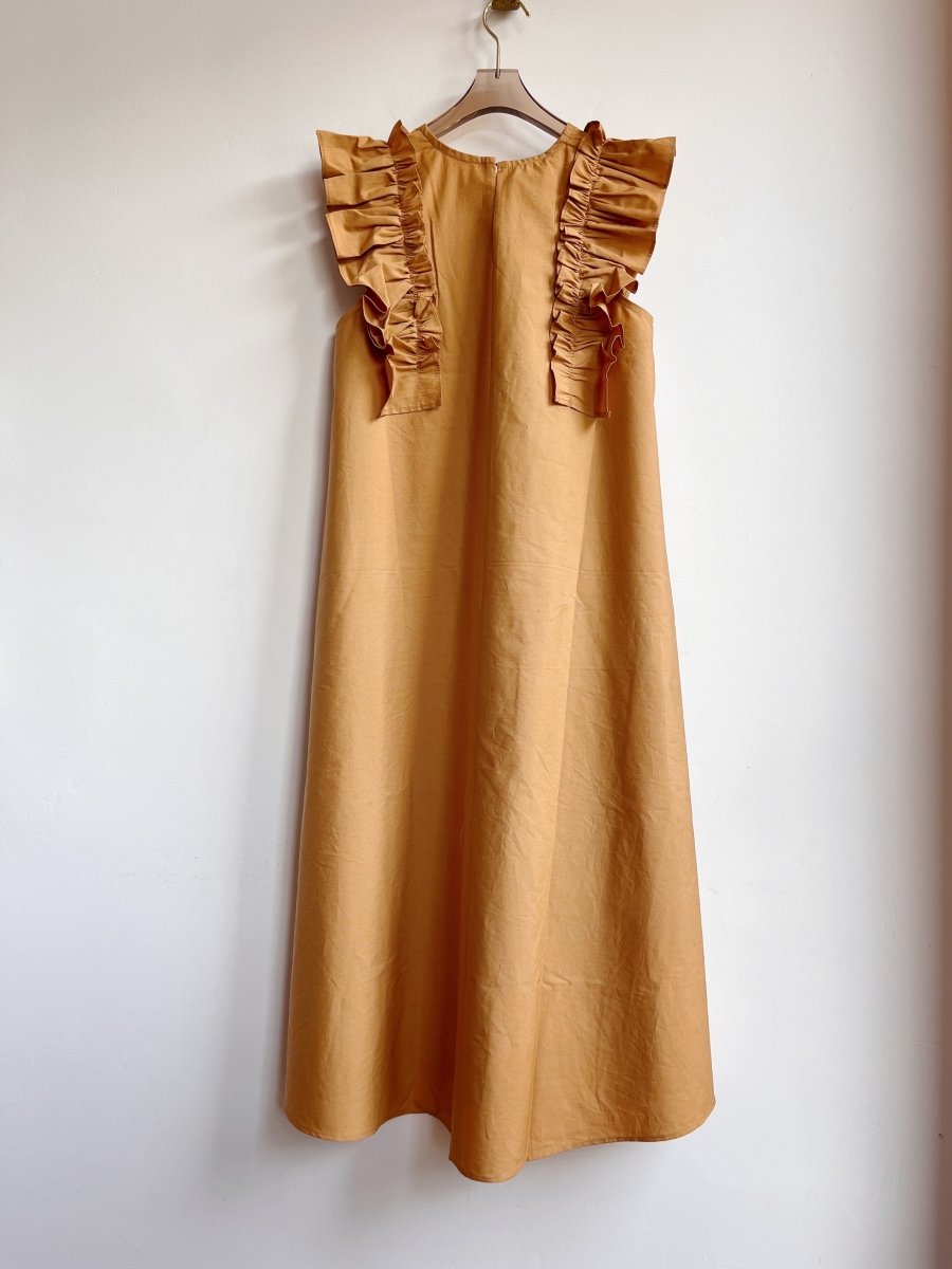 Caramel Beige Sleeveless Cotton Aria Ruffle Dress w/ Belt - Made X Hudson