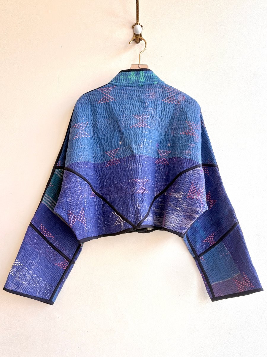 Reversible Kaira Quilted Cropped Jacket in Colors Blue, Neon Pink & Multi - Colored Stripe Mustard, Purple, Orange - Made X Hudson