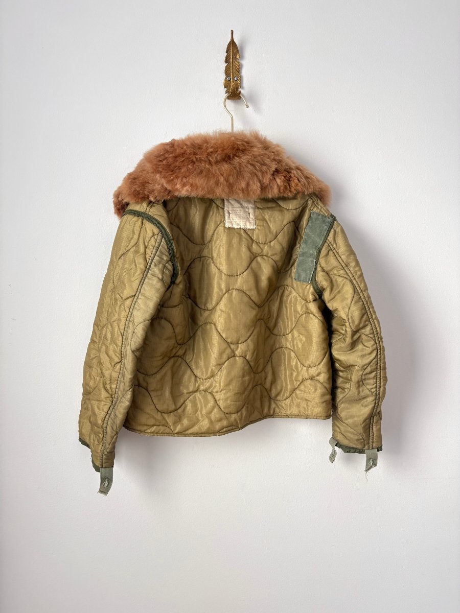 Light Olive Army Liner Quilted Coat w/ Carmel Alpaca Fur Collar & Silver Clasps (Reworked) - Made X Hudson