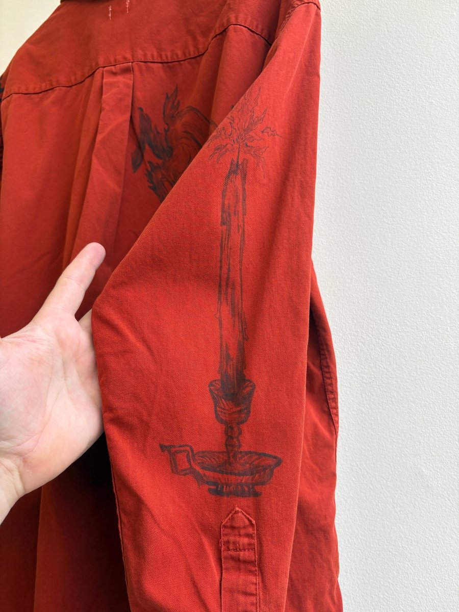 Vermillion Folk Motif Button Up | Hand Painted (Reworked) - Made X Hudson