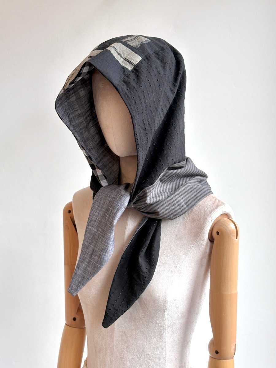 Hooded Patchwork Scarf in Black & Grey - Made X Hudson