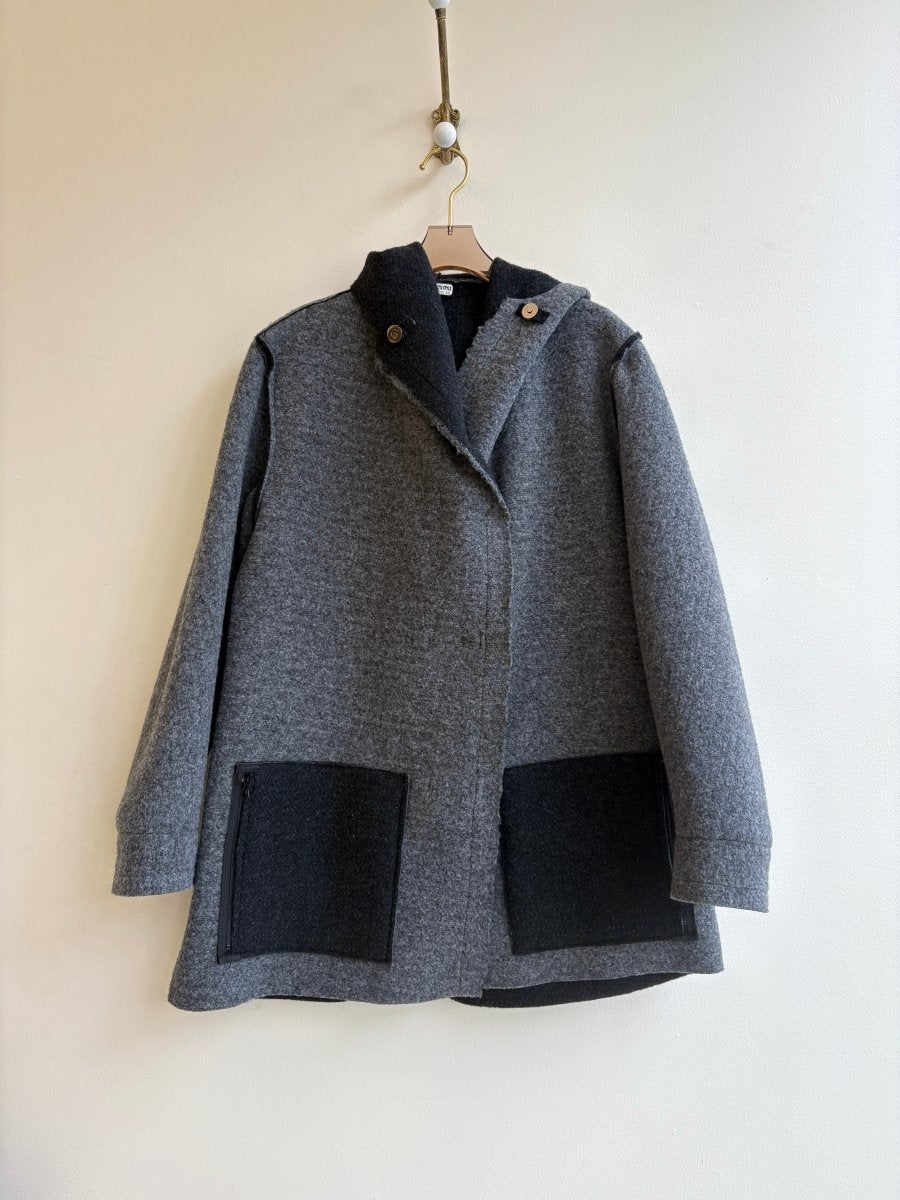 Grey & Black | Reversible Wool Hooded Over Coat w/ Pockets - Made X Hudson