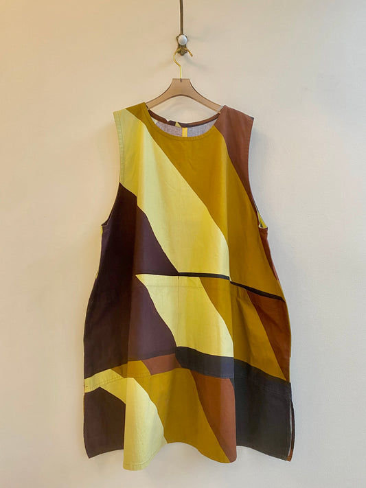 Maija Isola | Husaari | Studio Apron Dress (Brown, Chartreuse, & Gold Diagonals)