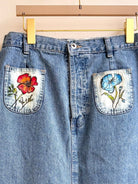 Blue Denim Long Floral Colorful Printed & Hand Drawn Skirt w/ Patch Pockets (Reworked) - Made X Hudson