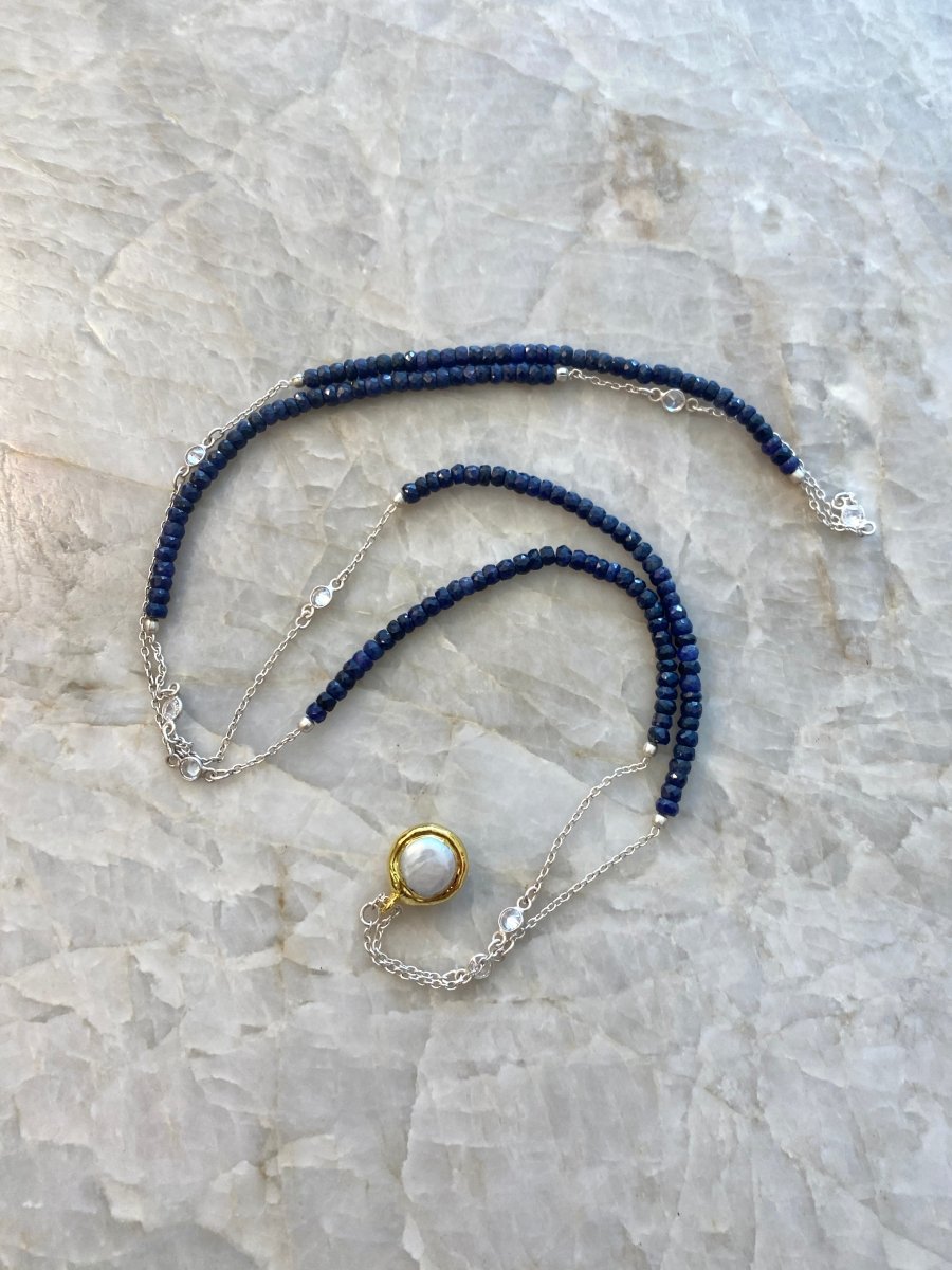 Long Natural Precious Gemstone Silver Necklaces in Multiple Colors w/ Fresh Water Pearls - Made X Hudson