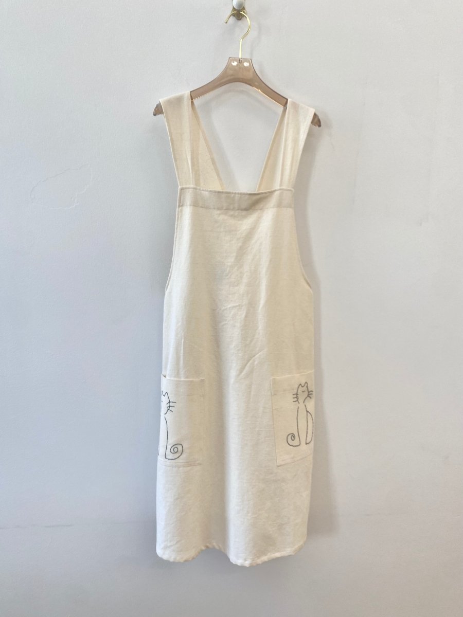 White Organic Linen Hand Embroidered Pinafore Apron w/ Black Cats - Made X Hudson