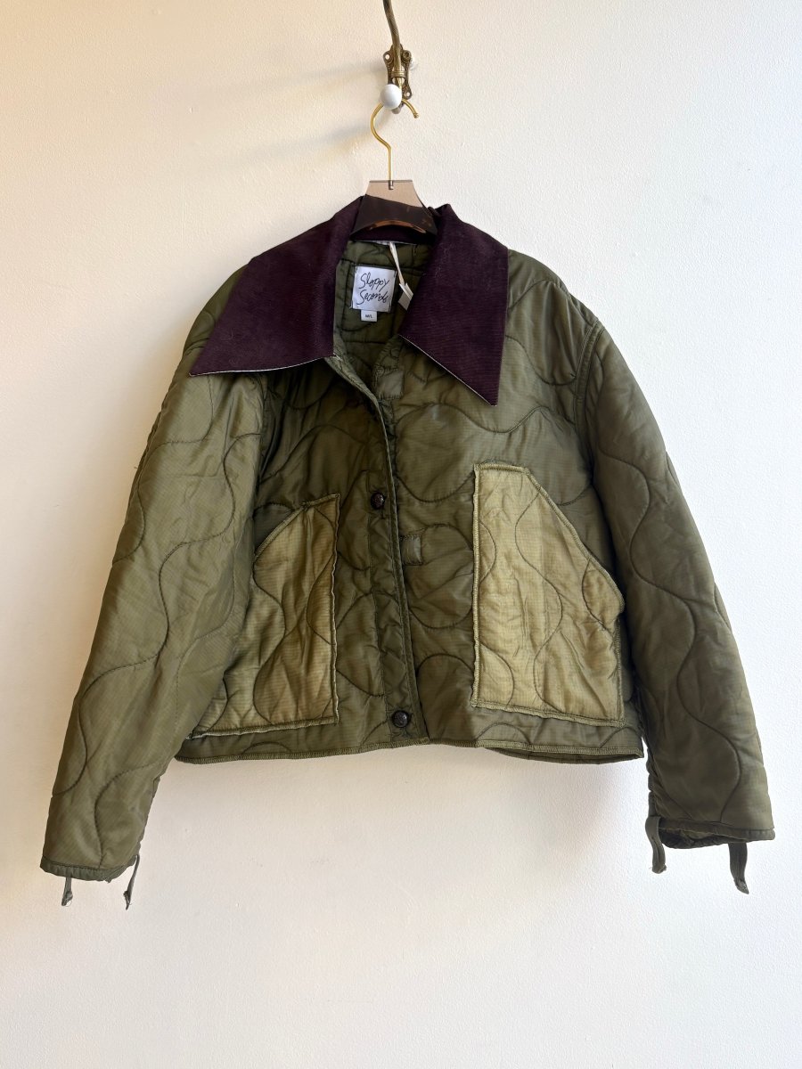 Dark Olive Army Liner Quilted Coat w/ Peat Brown Dagger Collar & Faux Leather Buttons (Reworked) - Made X Hudson