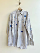Cobalt Tiny Print Button Up in Tan and Blue Stripe | Block Printed (Reworked) - Made X Hudson