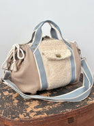 Mini Cross - Body Duffel Bag in Khaki and Faux Sherpa w/ Sky Blue Webbing - Made X Hudson