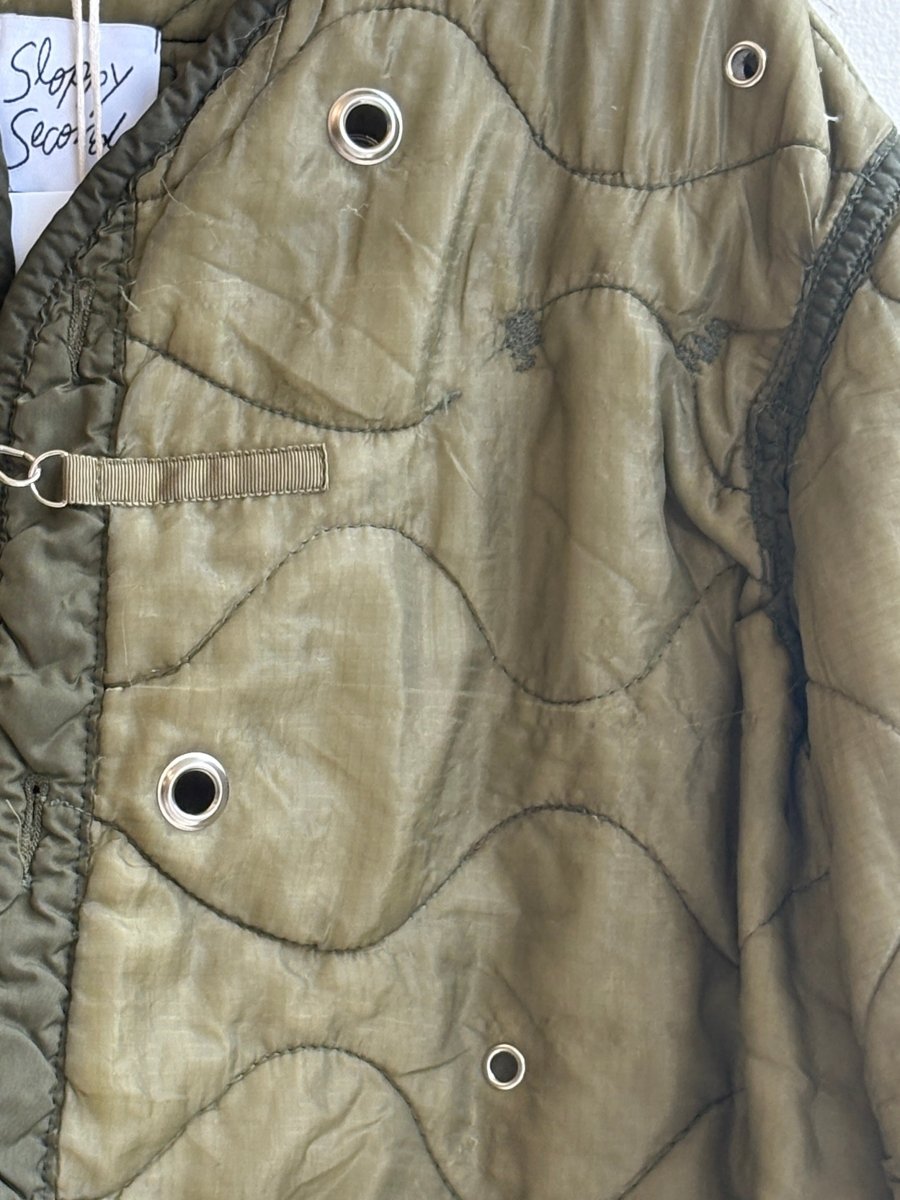 Light Olive Green Army Liner Quilted Coat w/ Silver Grommets & Clasp (Reworked) - Made X Hudson
