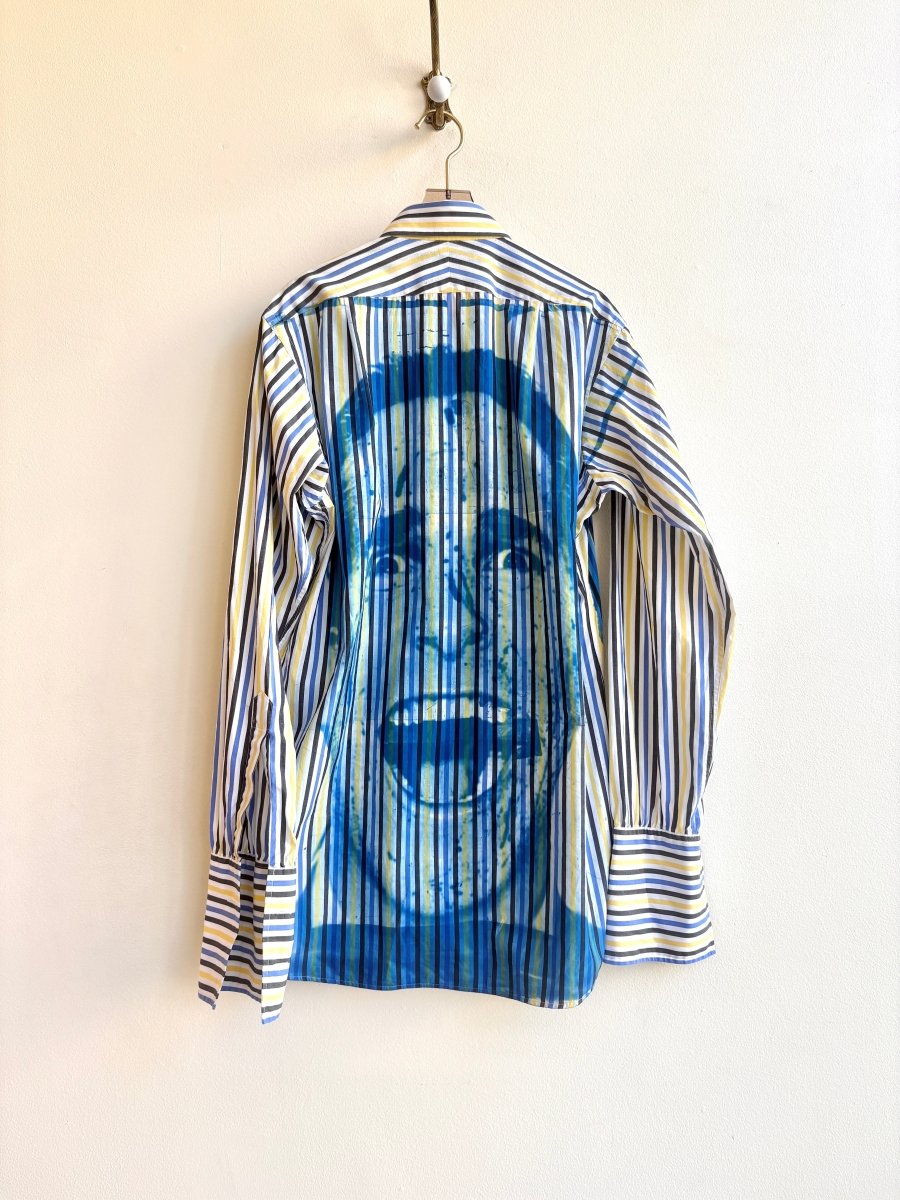 Patrick Bateman American Psycho Repeat Blue on Blue & Yellow Stripes | Cyanotype Print Button - Down (Reworked) - Made X Hudson
