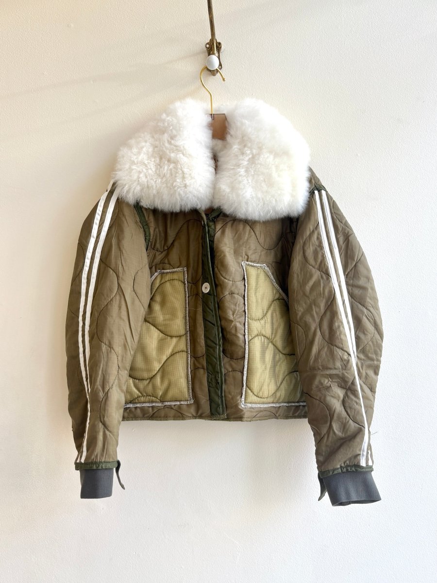 Olive Army Liner Quilted Coat w/ White Alpaca Fur Collar, White Buttons, & White Racing Stripe Sleeves (Reworked) - Made X Hudson