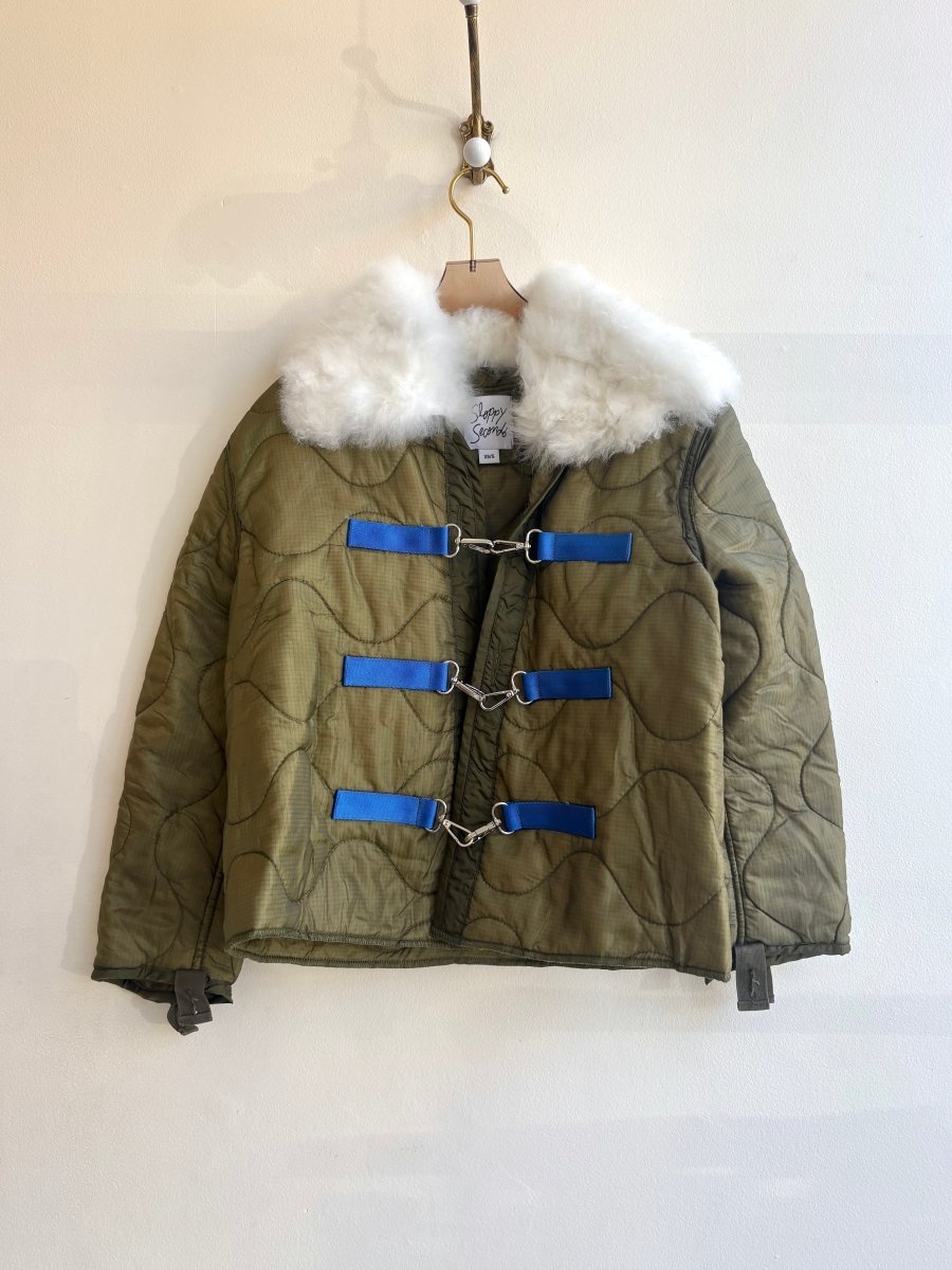 Olive Army Liner Quilted Coat w/ White Alpaca Fur Collar & Blue Canvas & Silver - Tone Clasps (Reworked) - Made X Hudson
