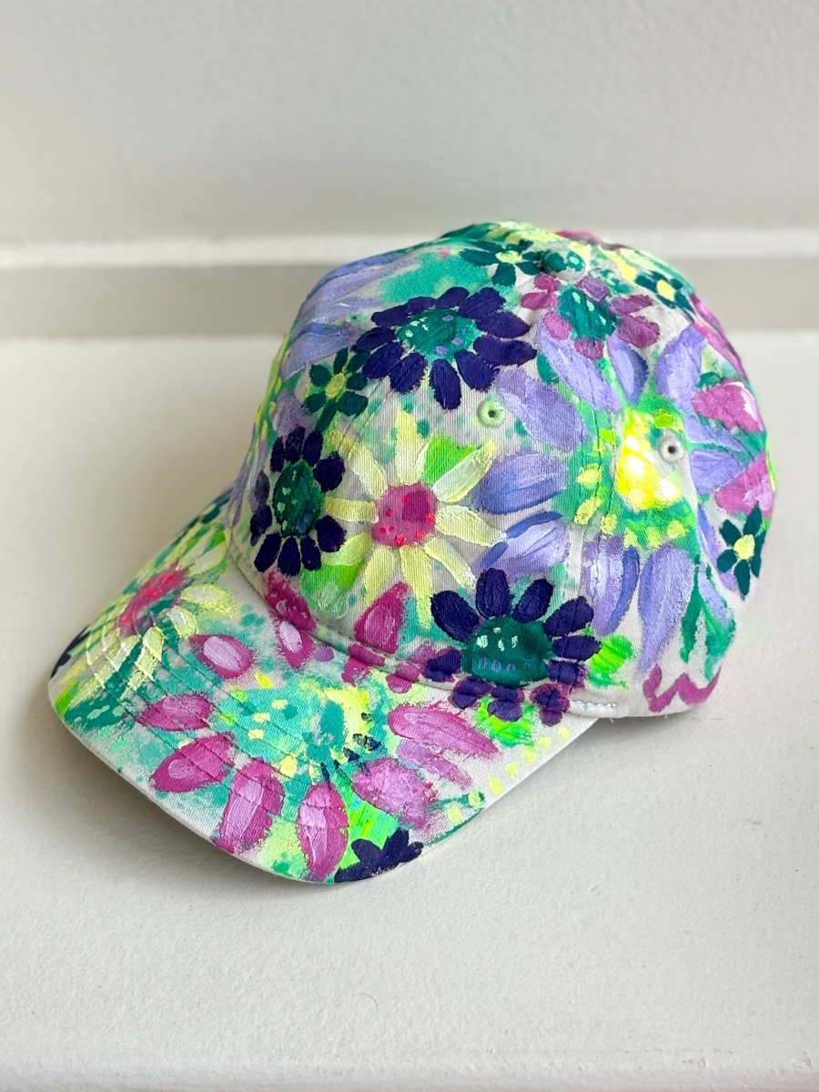Natural Canvas Hand Painted Neon Purple Flowers Baseball Cap - Made X Hudson