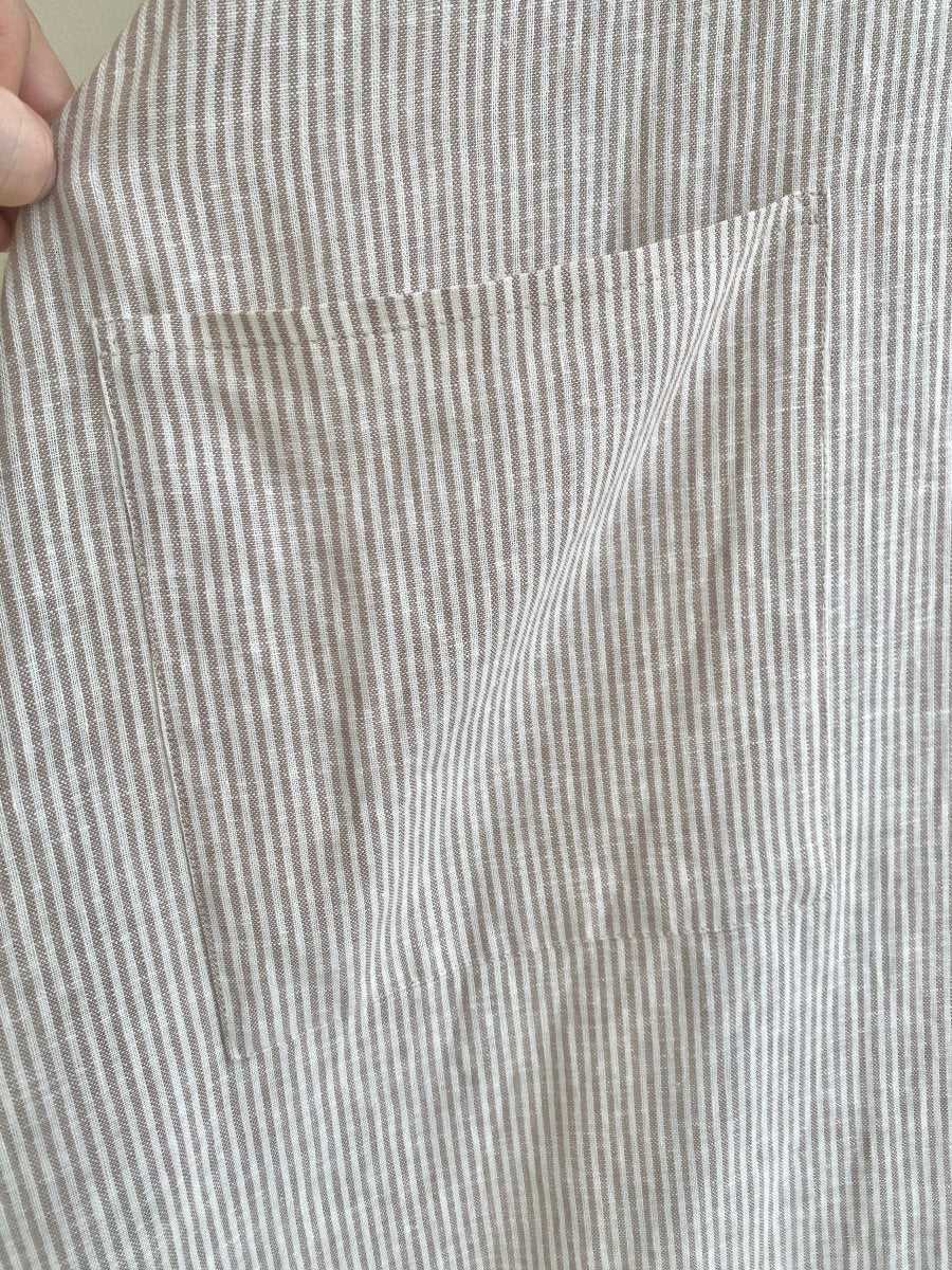 Tan & Cream Mini - stripe Handkerchief Hem Dress w/ Patch Pockets - Made X Hudson
