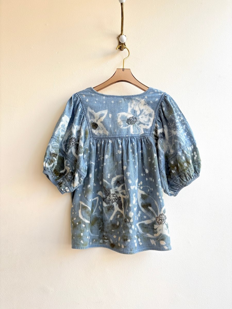 Blue & Green Denim Eco Printed Peasant Top (Reworked) - Made X Hudson