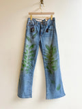 Blue & Pink Flower Pockets w/ Leaves Eco Printed & Hand Drawn Denim Pants (Reworked) - Made X Hudson