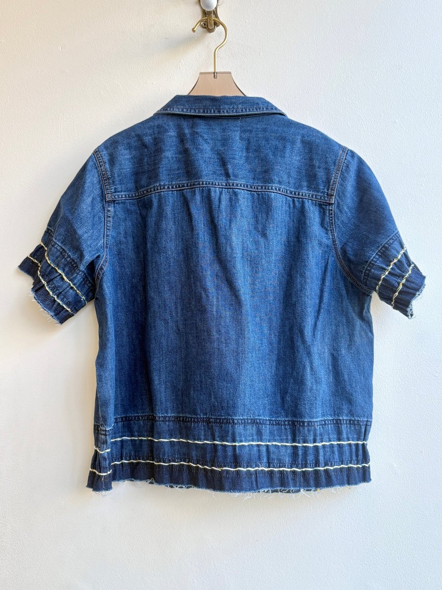 Denim with Yellow, Green & White Line Embroidered Short Sleeve Top (Reworked) - Made X Hudson