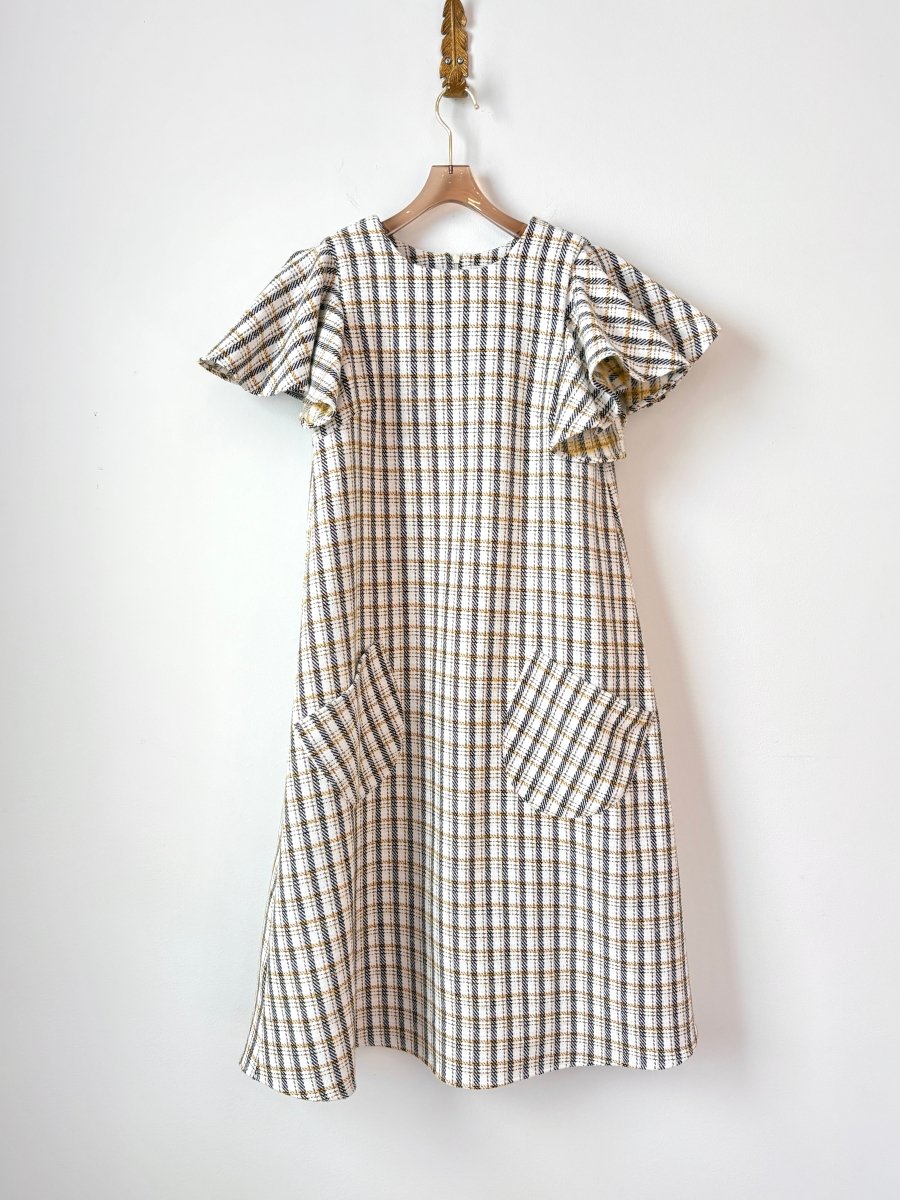 White, Gold, and Black Plaid Chore Dress with Flutter Sleeve - Made X Hudson