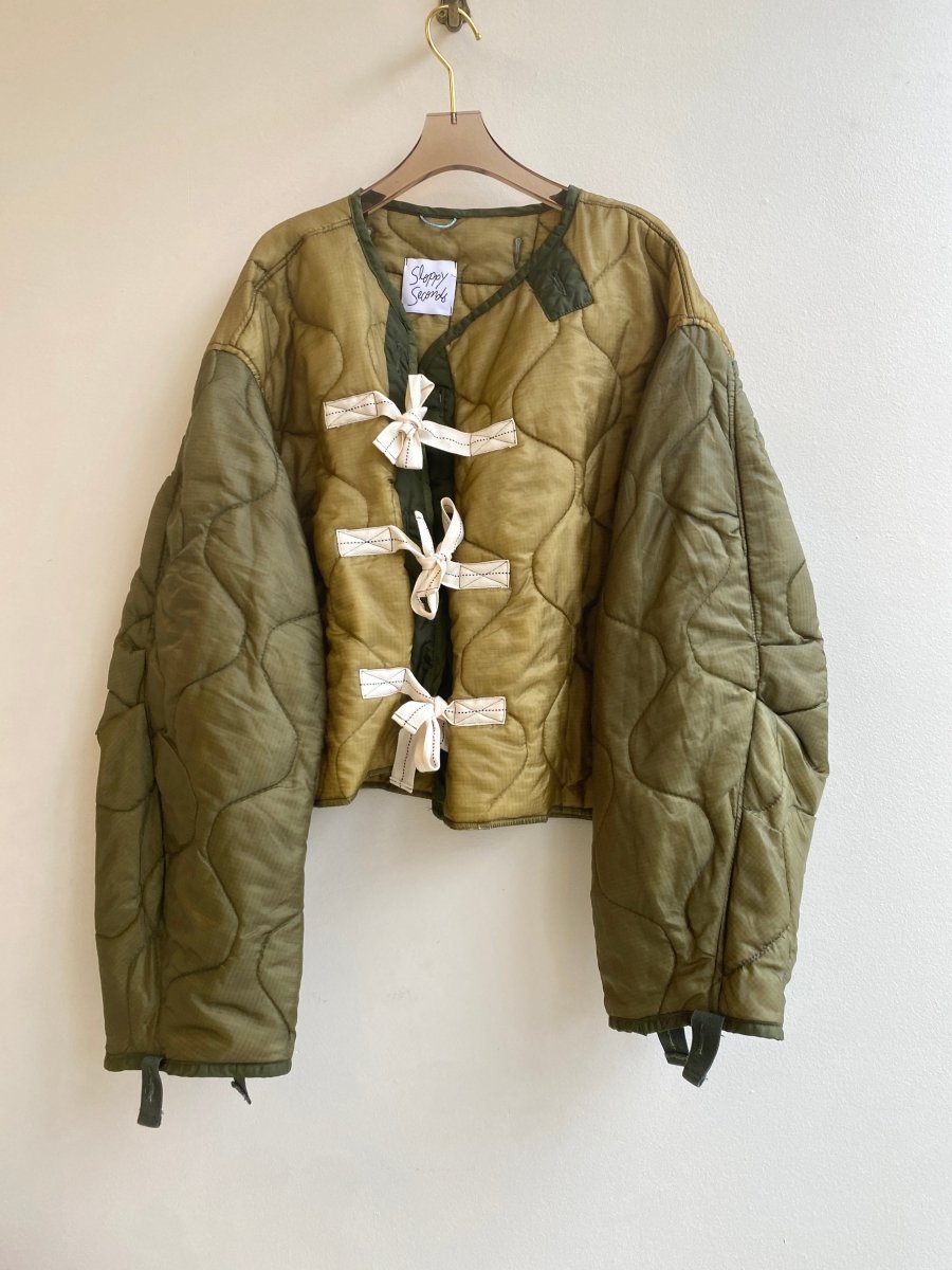 Two Tone Olive Green Army Liner Quilted Coat w/ Twill Tape Ties (Reworked) - Made X Hudson