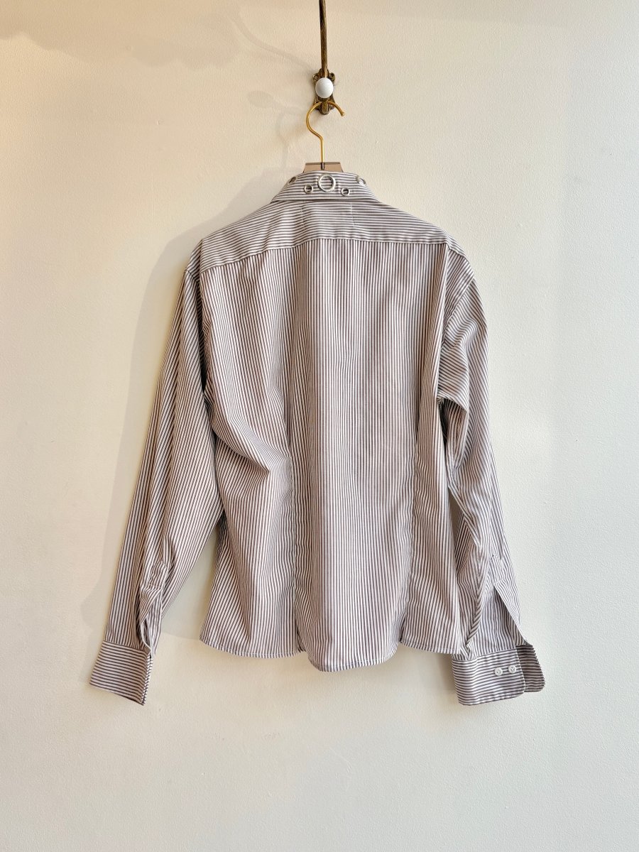 The Mike Top | Brown & White Striped Button Down Top w/ Gathered Waist & Grommet Collar (Reworked) - Made X Hudson