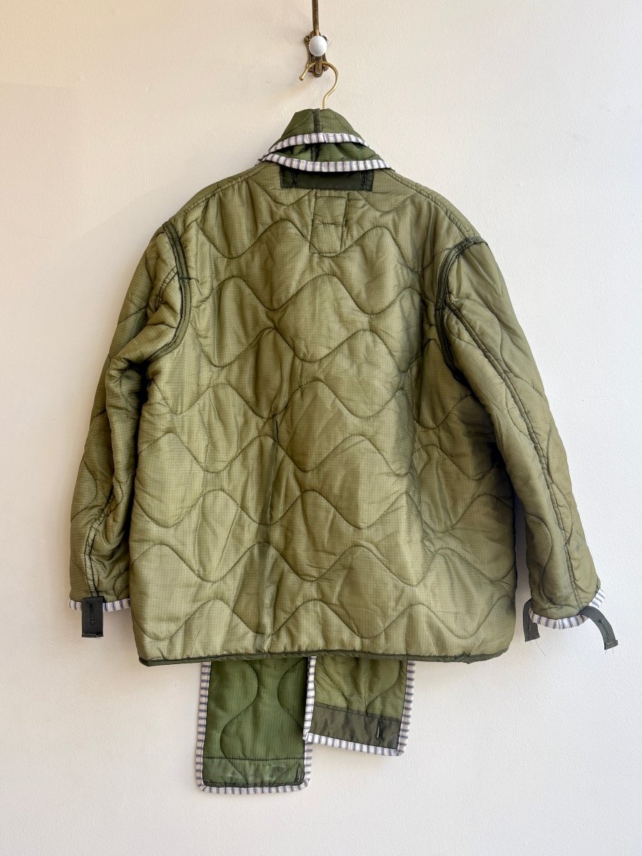 Light Olive Green Army Liner Quilted Coat w/ Bright Olive Scarf & White Zipper (Reworked) - Made X Hudson