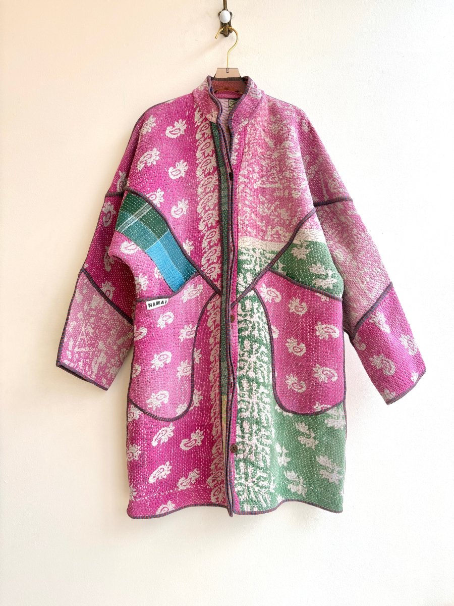 Reversible Sai Long Trench Quilted Jacket in Colors Petal Pink, Baby Blue, White, Mint & Wine, Blue, Silver, Pink - Made X Hudson